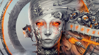 Woman orange eyes strange headdress - a digital painting of a woman free wallpaper