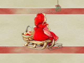 Woman red dress sled basket - a basket of apples free wallpaper