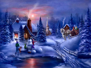 Christmas sleigh snowman couple painting - kinkade free wallpaper
