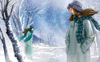 Women walking snow winter painting 2 - a blue scarf free wallpaper