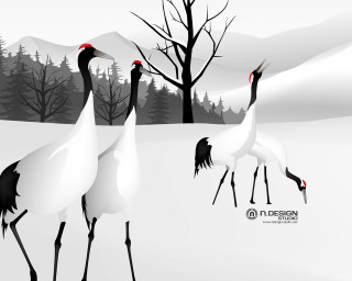 Birds walking snow trees hill - aubrey beardsley free wallpaper
