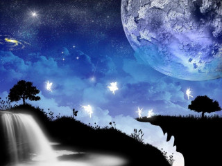 Waterfall stars blue sky night - fantasy art free wallpaper