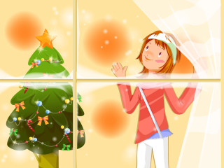 Girl looking out window christmas 4 - naive art free wallpaper for desktop
