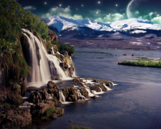 Waterfall mountain moon sky fullmoon - full free wallpaper