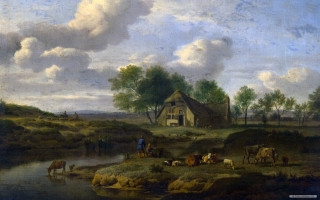 Farm scene cows house stream - landscape free wallpaper