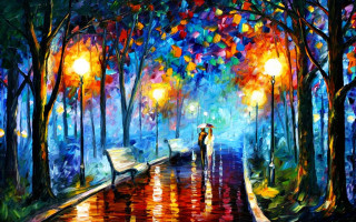 Couple umbrella tree rain streetlight - impressionist painting free wallpaper