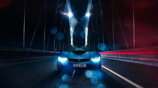 Blue car bridge night headlights - panfuturism free wallpaper