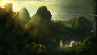 Castle forest river mountain painting - christophe vacher free wallpaper