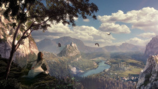 Woman cliff valley river birds - overhead and a bird free wallpaper