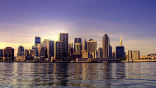 City skyline water boat bridge - a matte painting free wallpaper for desktop