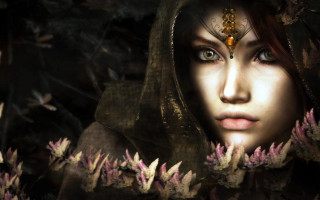 Woman hood flower hair surrounded - her head and a flower free wallpaper