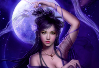 Woman feather moon purple background - digital painting free wallpaper