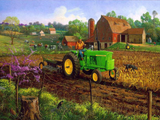 Farmer tractor field dog barn - american scene painting free wallpaper