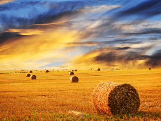 Hay bales cloudy sky sunset - impressionist free wallpaper