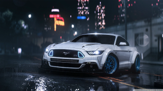 White mustang car city night - photorealistic lighting free wallpaper