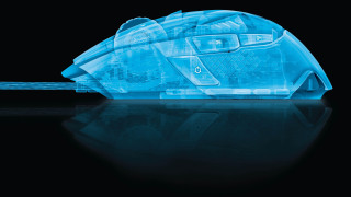 Glowing blue computer mouse black - a reflection free wallpaper