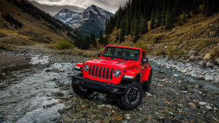 Red jeep rocky stream mountains - the rock free wallpaper