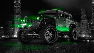 Green jeep black background city - computer art free wallpaper
