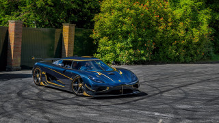 Blue sports car street forest - spectacular free wallpaper