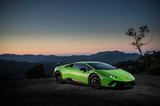 Green sports car dirt road - the background and a tree in the foreground free wallpaper