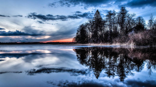 Lake sunset reflection trees clouds 3 - sunset free wallpaper