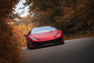 Red sports car autumn trees - orange leaf free wallpaper