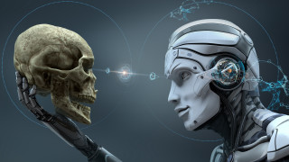 Robot skull lightbulb head holding - a robot free wallpaper