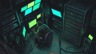 Computer room green lights person - free cyberpunk wallpaper