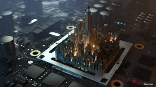 Motherboard city model surrounding parts - beeple free wallpaper