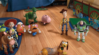 Toy characters wooden floor room - assemblage free wallpaper