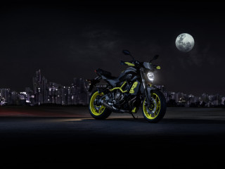 Motorcycle parked city night moon - digital free wallpaper for desktop