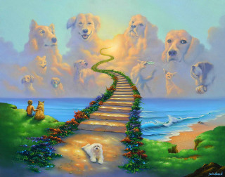 Stairway dogs beach sky clouds - kinkade free wallpaper