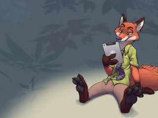 Cartoon fox sitting tablet computer - its paw free wallpaper
