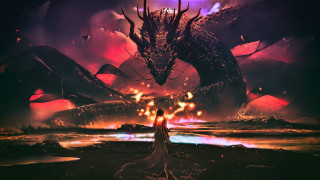 Woman dragon field fire water - dragon art free wallpaper