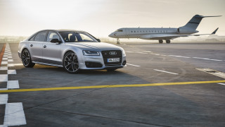 Silver car runway jet airliner - a plane in the background free wallpaper