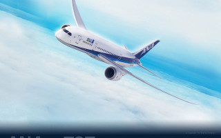 Large jetliner blue cloudy sky - international typographic style free wallpaper