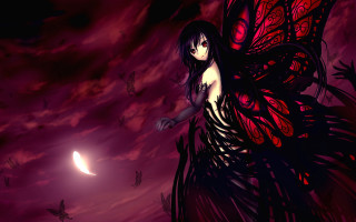 Woman butterfly wings flying night - a half moon in the background free wallpaper