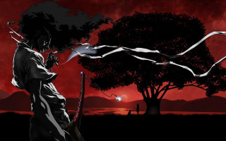 Man holding gun red sky - anime visual free wallpaper