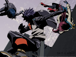 Anime characters hanging building sky - promotional image free wallpaper