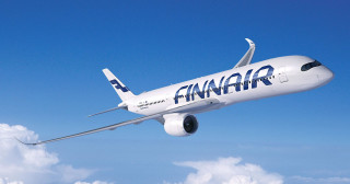 Finnair airplane flying sky clouds - international typographic style free wallpaper