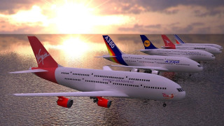 Four airplanes flying over ocean - over a body of water free wallpaper