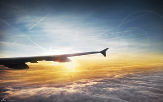 Plane flying clouds sunset sun - matte painting concept art free wallpaper