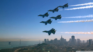 Jets formation city bridge background - a bridge in the foreground free wallpaper