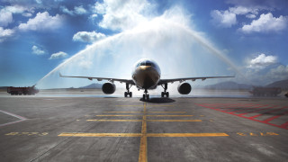 Jet airplane spraying water tarmac - free bird wallpaper