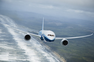 Jetliner flying green hillside ocean - a cloudy day free wallpaper
