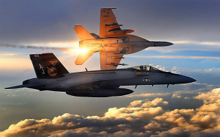 Fighter jets sky clouds sunset - the sun behind them free wallpaper
