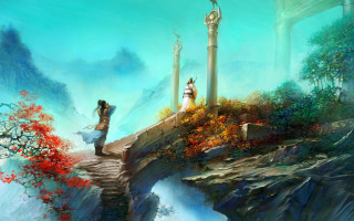 Woman bridge waterfall man standing - bayard wu free wallpaper