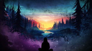 Person bench painting sunset river - alena aenami free wallpaper