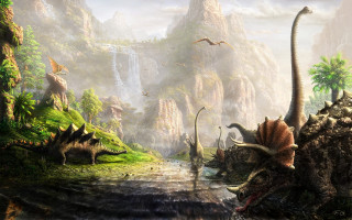 Dinosaurs mountain landscape stream birds - a stream free wallpaper