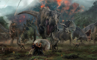 People dinosaurs field fire background - neoprimitivism free wallpaper